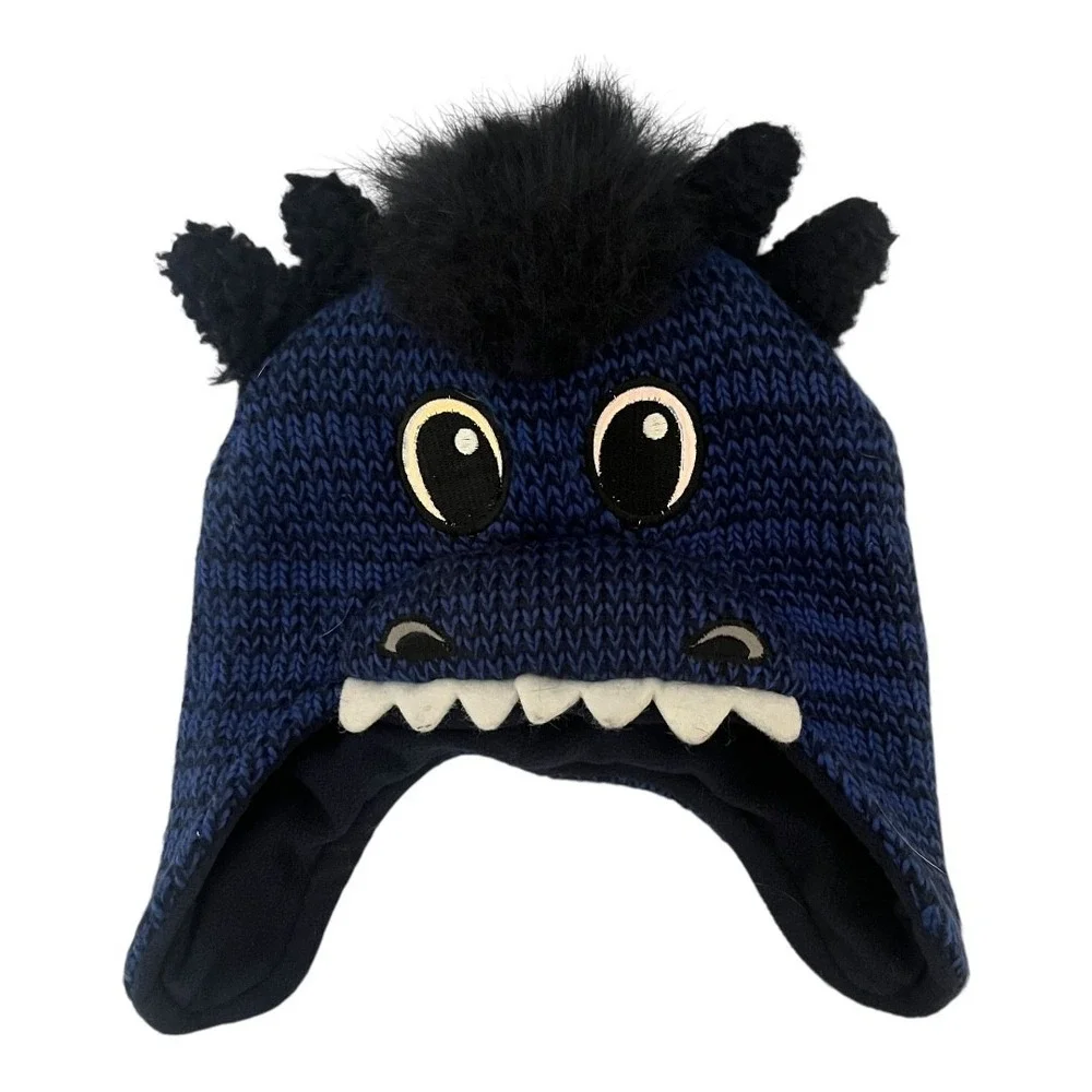 The Childrens Place Boys Blue Dragon Knit Trapper Hat Fleece Lined S 12-24M